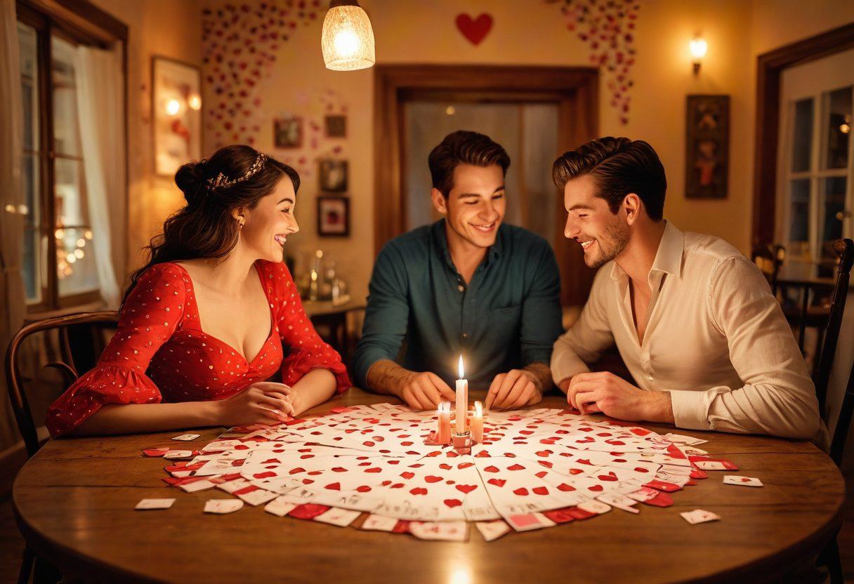 A whimsical illustration of a couple playing cards at a cozy candlelit dinner table, surrounded by symbols of love like hearts and insurance policies. The scene features a soft, dreamy ambiance with a mix of warm and romantic colors, highlighting a balance between strategy and affection. Include playful graphics that symbolize love and risk management, such as a heart-shaped dice and safety nets in the background. romantic illustration. vibrant colors. soft focus.