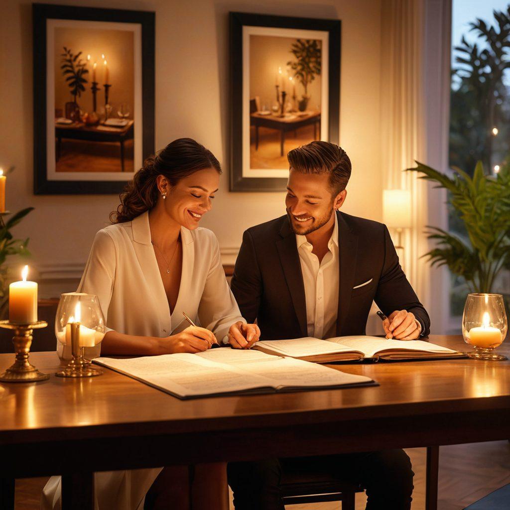 A warm, inviting scene of a couple sitting together at a stylish dining table, reviewing financial documents with smiles and a sense of unity. A soft glow from candles illuminates a framed picture of them on the table, symbolizing their love. In the background, a cozy ambiance with tasteful decor and a plant adds tranquility. The overall composition conveys trust and partnership. super-realistic. warm colors. intimate setting.