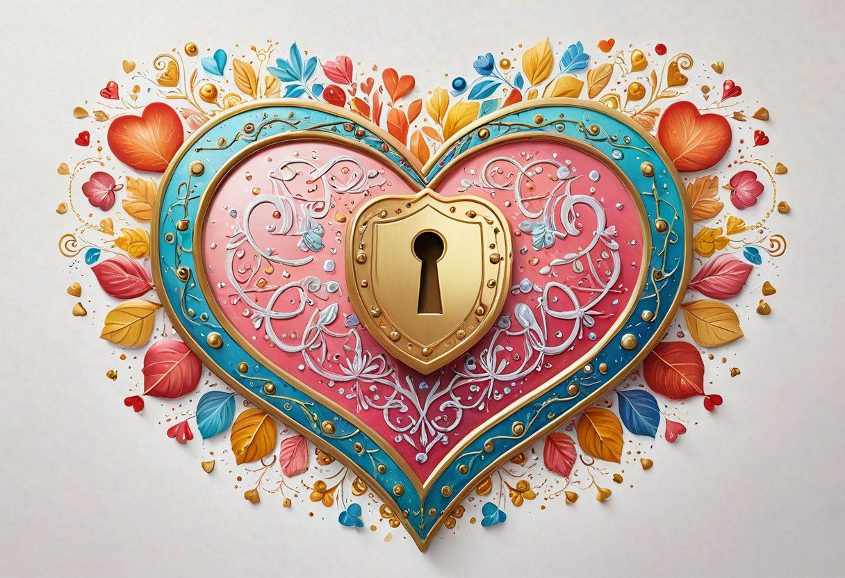 A warm illustration depicting a stylized heart secured by a golden lock, intertwined with symbols of insurance like shields and coins. Surround the heart with diverse couples sharing joyful moments, emphasizing trust and financial love. Use soft pastel colors for a tender feel, highlighting connections and security. super-realistic. vibrant colors. white background.
